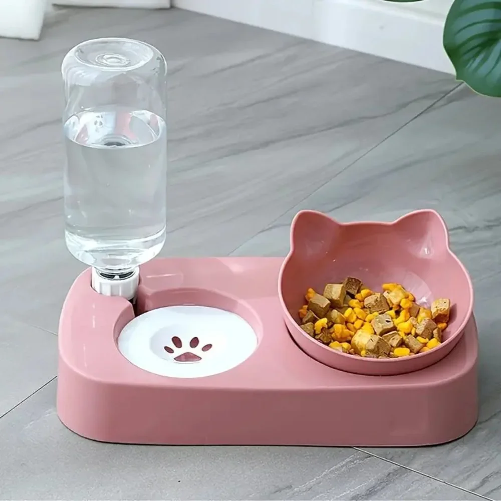 {NEW} Cat Double Bowls With Automatic Water Dispenser Pink
